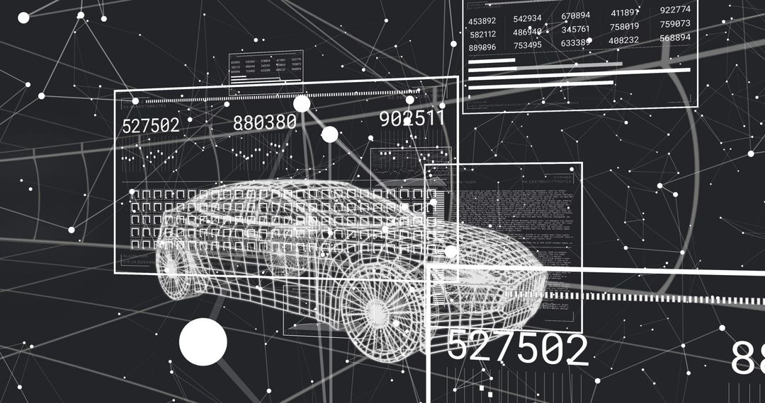 3D Wireframe Sedan in Virtual Network Space with Data Panels