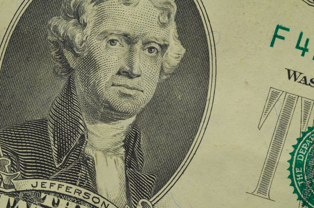 Close Up of Thomas Jefferson Portrait on Two Dollar Bill