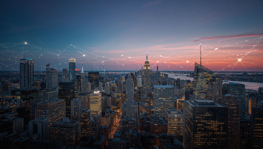 Futuristic Night View of Digital Network Over Iconic Urban Skyline