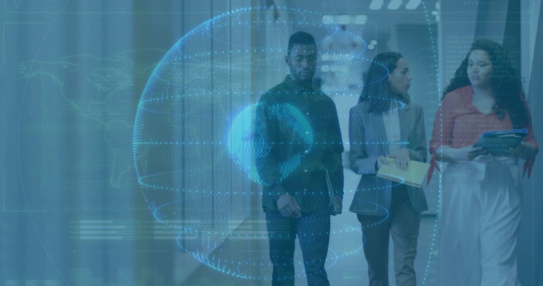 Colleagues Collaborating with Holographic Globe in Tech Atmosphere