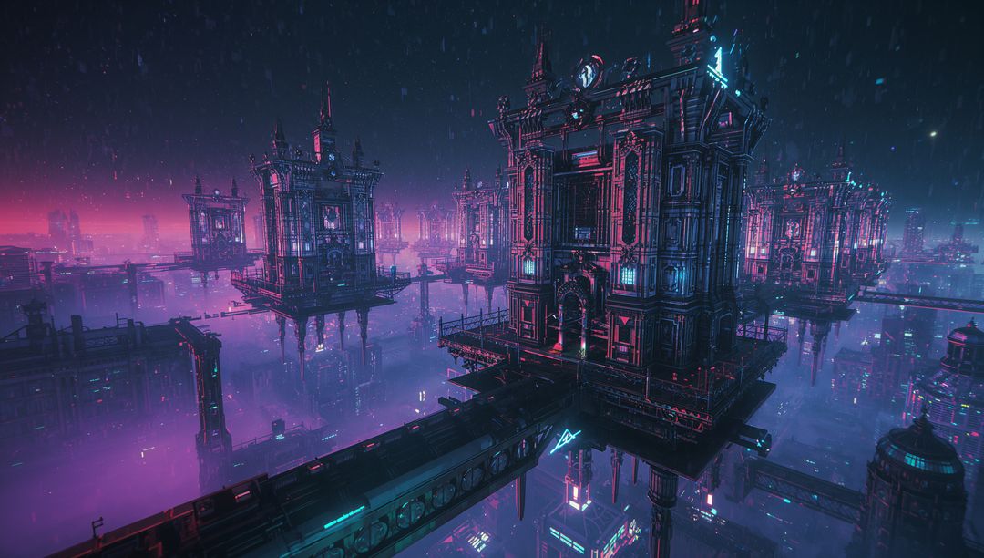 Futuristic Cyberpunk Structures Above Misty Night Cityscape with Neon Glow