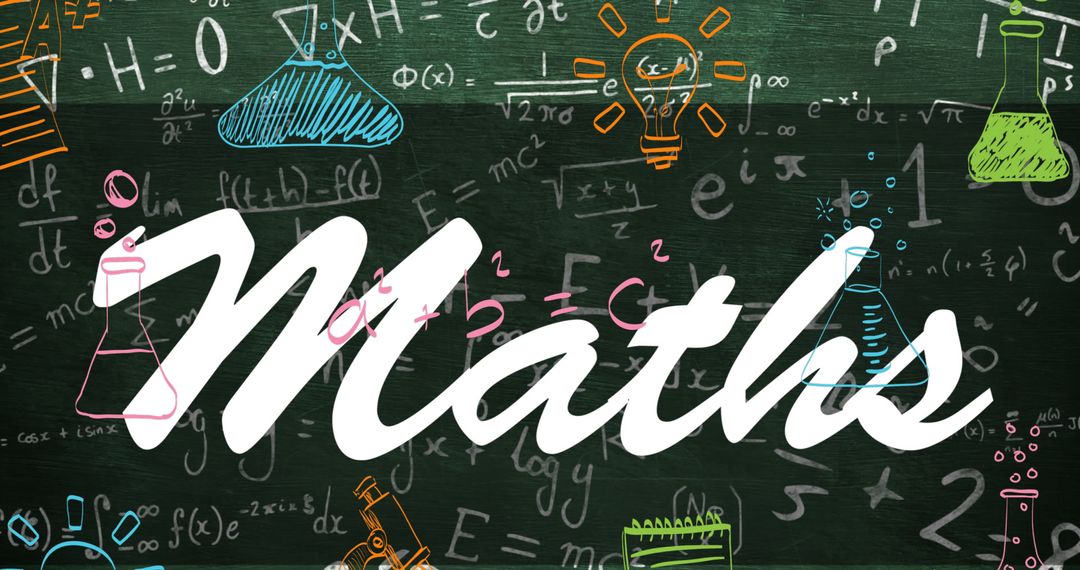 Illustrated Mathematics Theme with Equations on Chalkboard