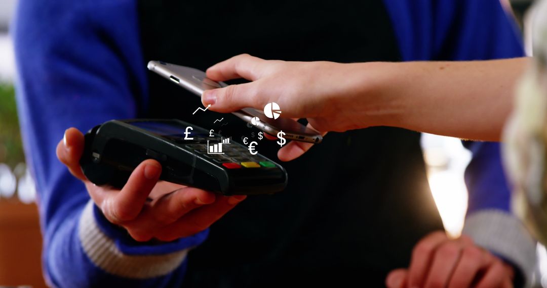 Contactless Smartphone Payment with Currency Symbols Overlay
