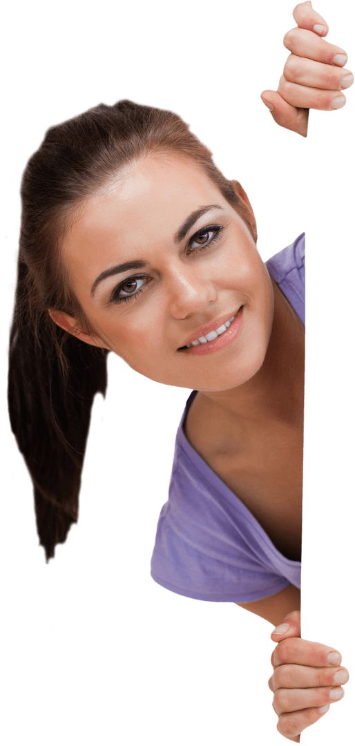 Brunette Woman Peeking Behind Transparent Blank Card