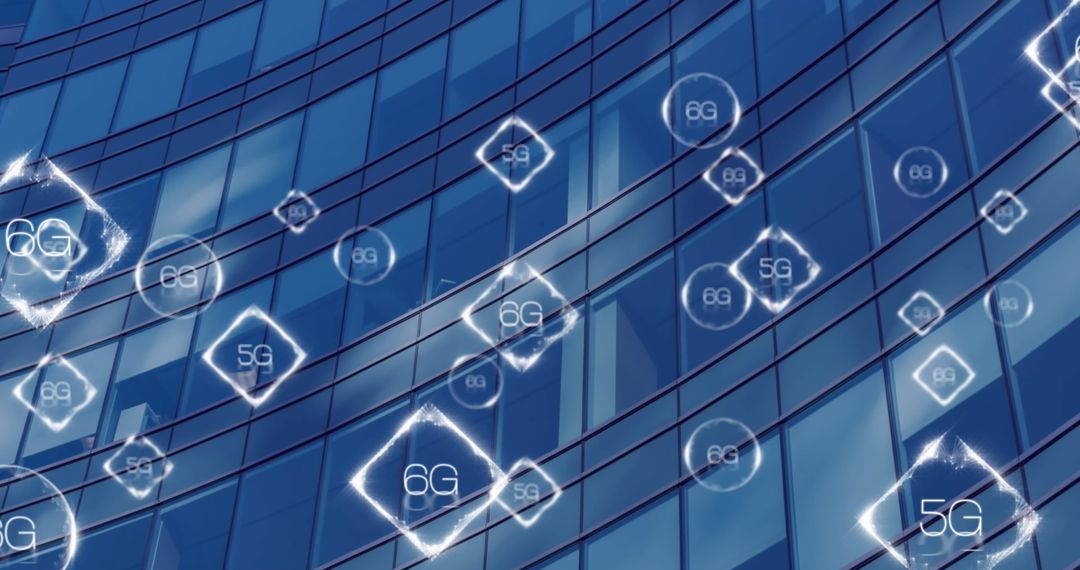 5G and 6G Connectivity Symbols on Reflective Skyscraper