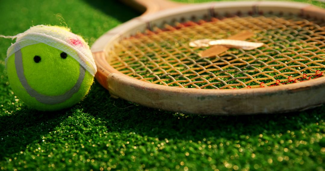 Vintage Tennis Racket and Smiling Tennis Ball on Grass Court - Free Images, Stock Photos and Pictures on Pikwizard.com