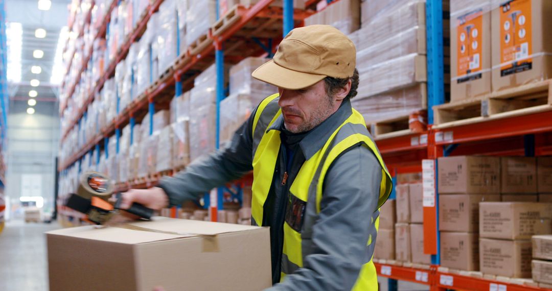 Warehouse Worker Handling Boxes with Tape Gun - Free Images, Stock Photos and Pictures on Pikwizard.com