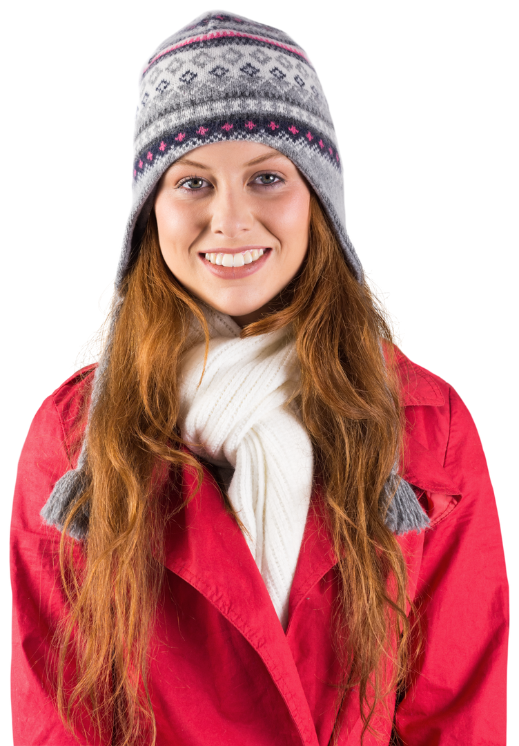 Redhead Woman Smiling in Winter Holiday Outfit on Transparent Background - Download Free Stock Images Pikwizard.com