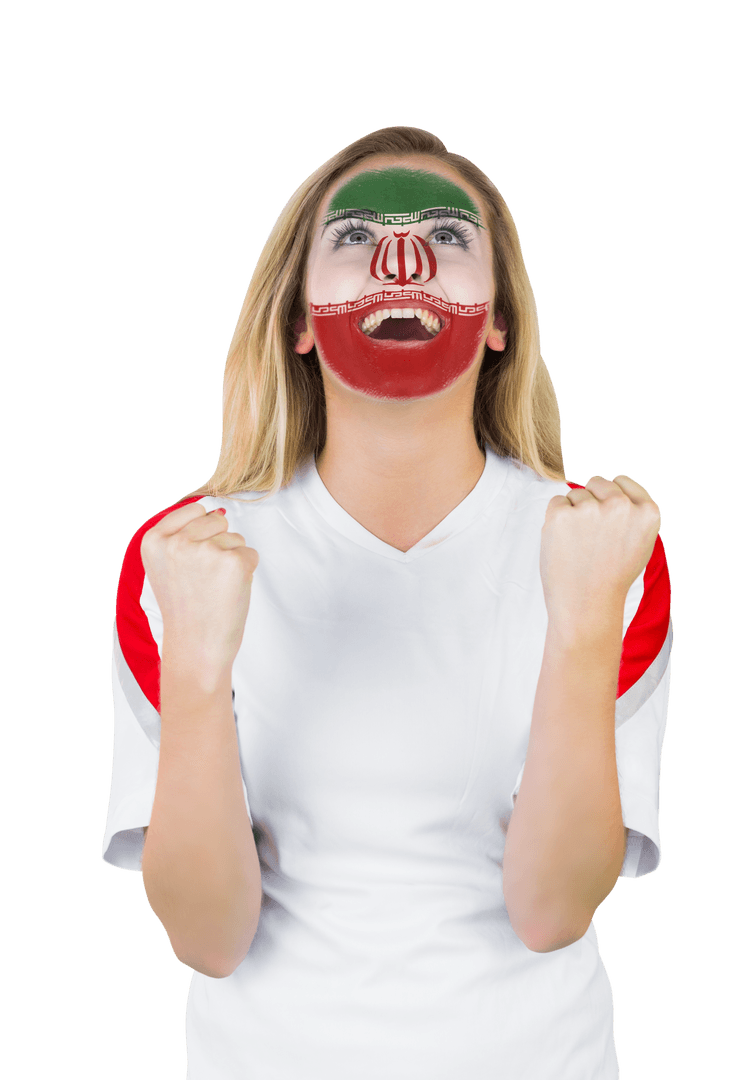 Passionate Iran Fan with Face Paint Celebrating on Transparent Background