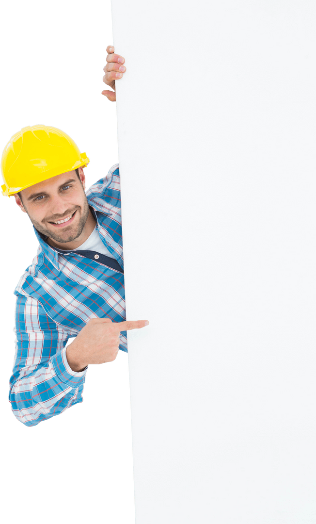 Smiling Repairman Pointing at Transparent Blank Billboard