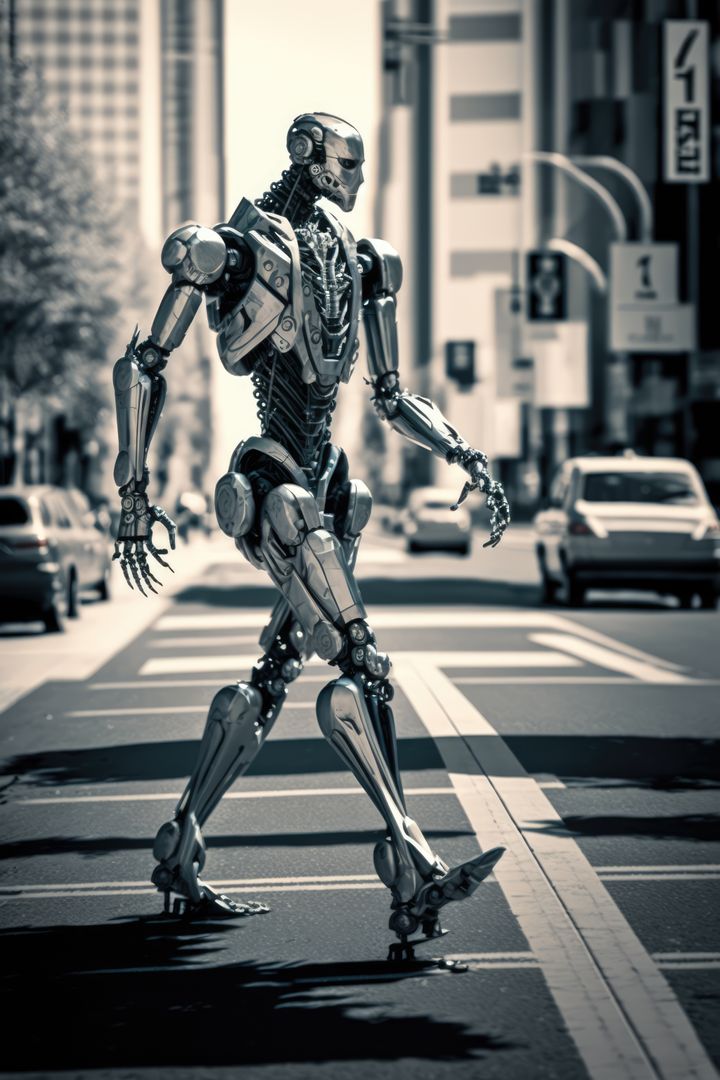 Futuristic Robot Walking in City Street in Black and White - Free Images, Stock Photos and Pictures on Pikwizard.com