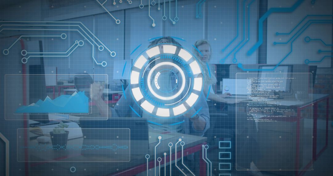 Developer interacting with holographic HUD interface and data visualizations in office