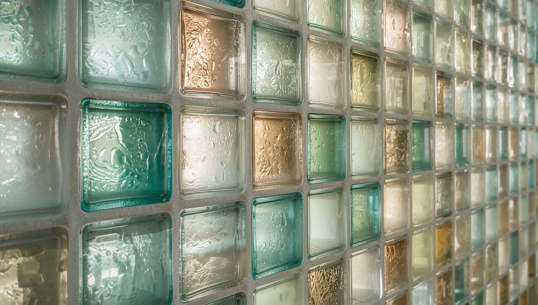 Textured Glass Block Wall Receding with Teal and Amber Squares, Light Glimmering