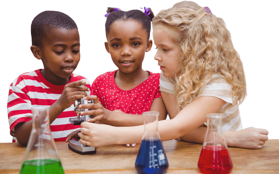 Diverse Children Exploring Microscope with Transparent Background