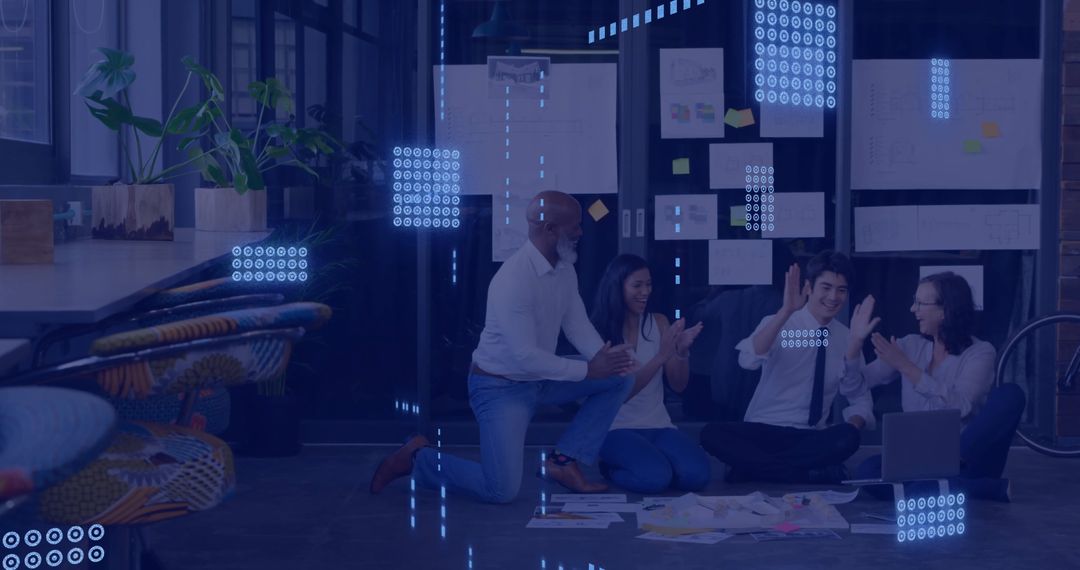 Diverse Team Innovating with Data Overlays in Modern Office