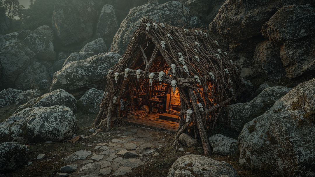 Mystical Ritual Hut with Skulls in Misty Forest Clearing