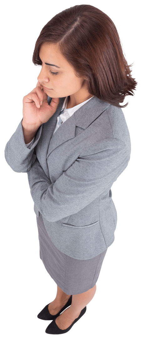 Focused Businesswoman Pondering in Gray Suit on Transparent Background