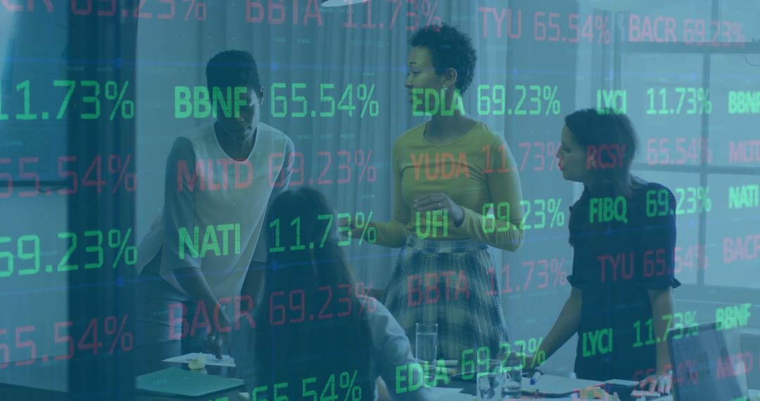 Diverse Team Analyzing Stock Market Trends with Financial Interface Overlay