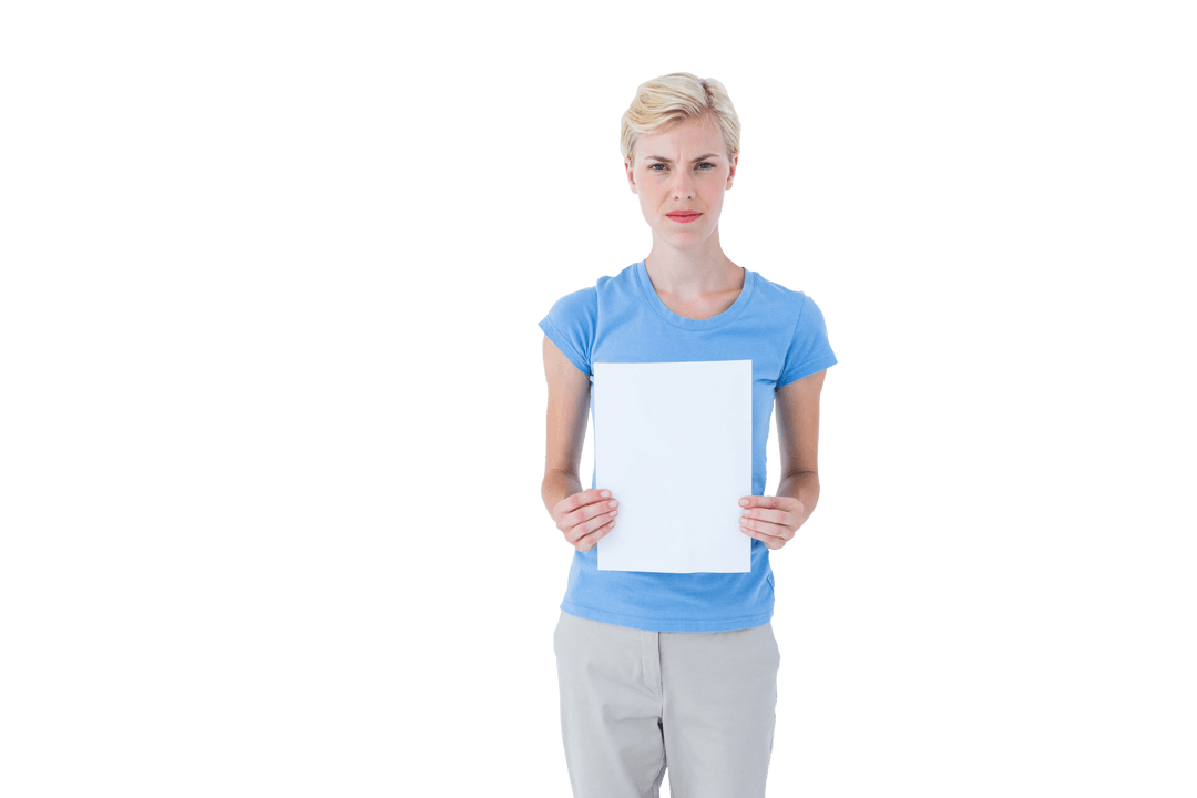 Transparent Stern Woman Holding Blank Paper