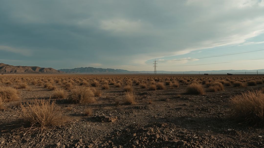 Vast Desert Plain with Transmission Towers and Distant Mountains