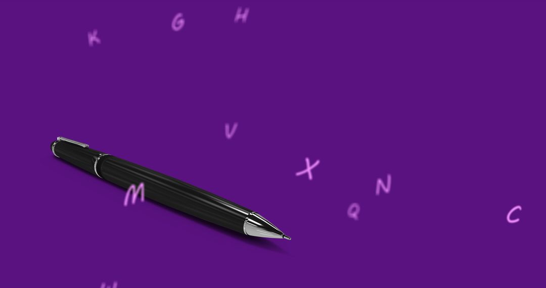Black Pen With Floating Alphabet Letters on Vibrant Violet Background