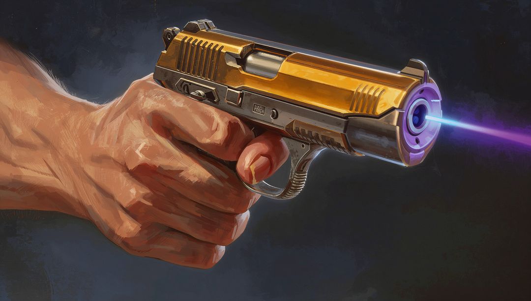 Right Hand Holding Gold-Slide Pistol Emitting Purple Laser Beam, Textured Painterly Style