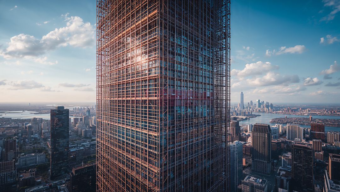 High-Rise Facade Wrapped in Scaffolding Overlooking Harbor Skyline at Golden Hour