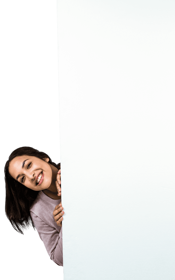 Smiling Woman Peeking Behind Blank Transparent Board