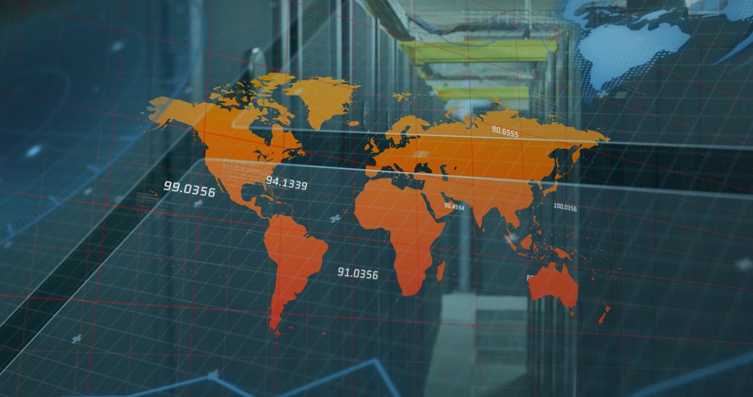 Digital World Map Overlaid on Data Center Rack Image