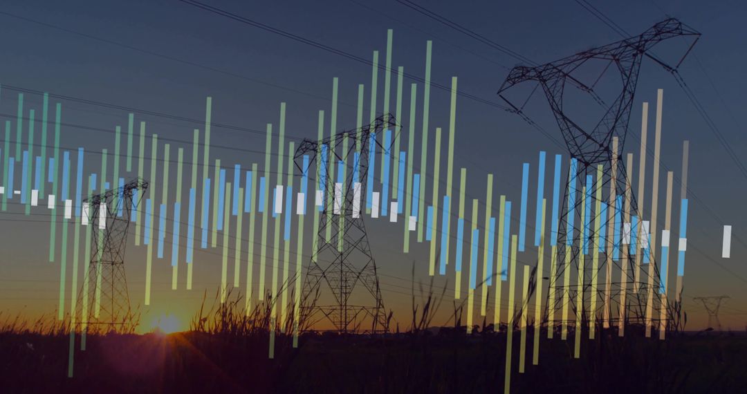 Electric Power Lines with Abstract Digital Overlay at Dusk
