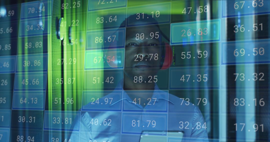 IT Engineer Analyzing Digital Financial Data with Tablet in Server Room