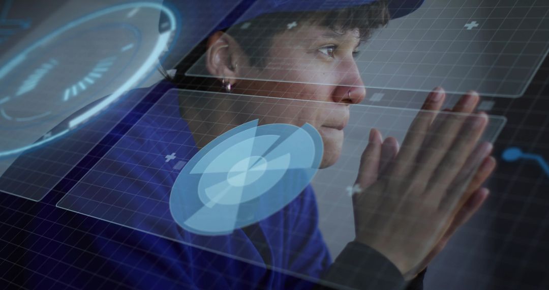 Woman Interacting with Holographic Interface Analyzing Data