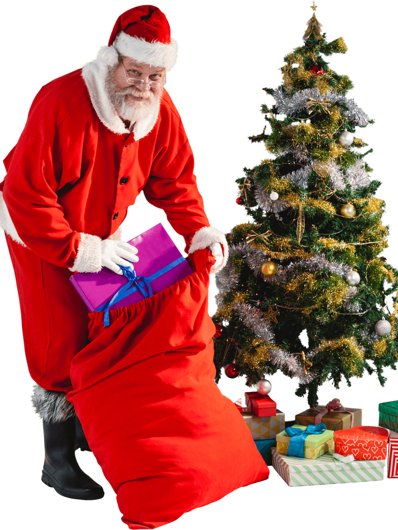 Transparent Santa Claus Packing Gifts in Bag Beside Decorated Christmas Tree