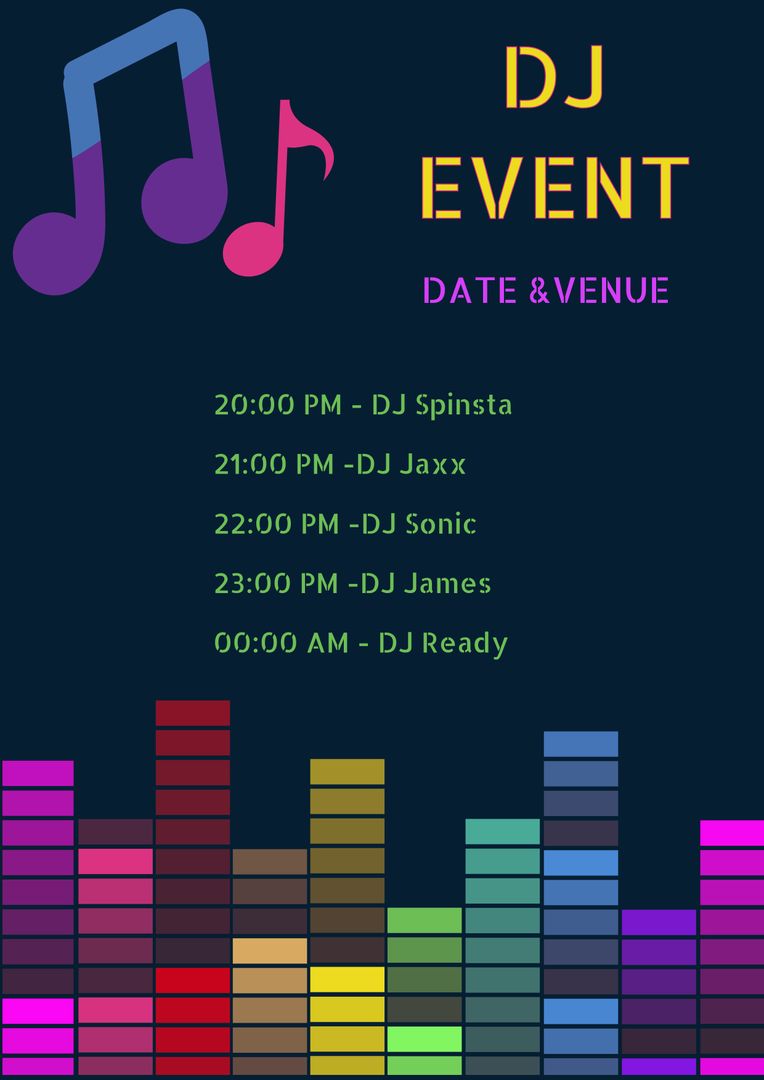 Colorful DJ Event Poster with Musical Notes and Schedule - Download Free Stock Templates Pikwizard.com