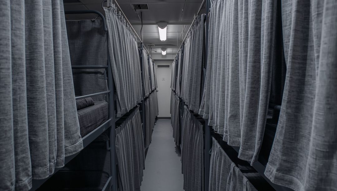 Narrow Dormitory Corridor Featuring Stacked Metal Bunks Lined with Privacy Curtains