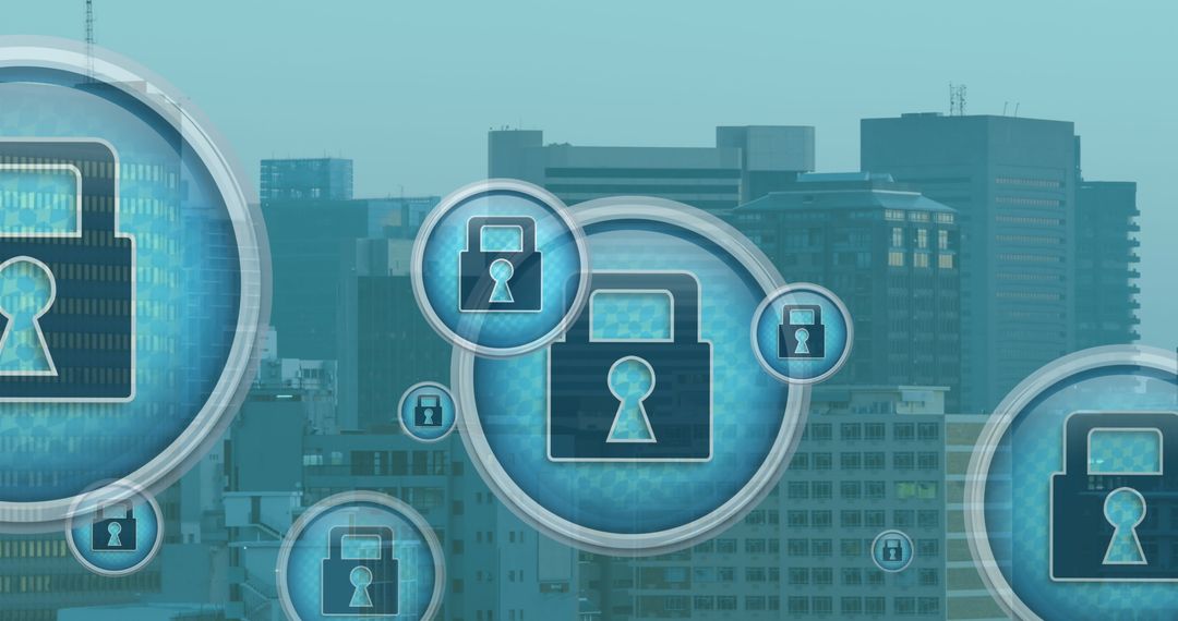 Padlock Icons Over Urban Cityscape for Digital Security Concept