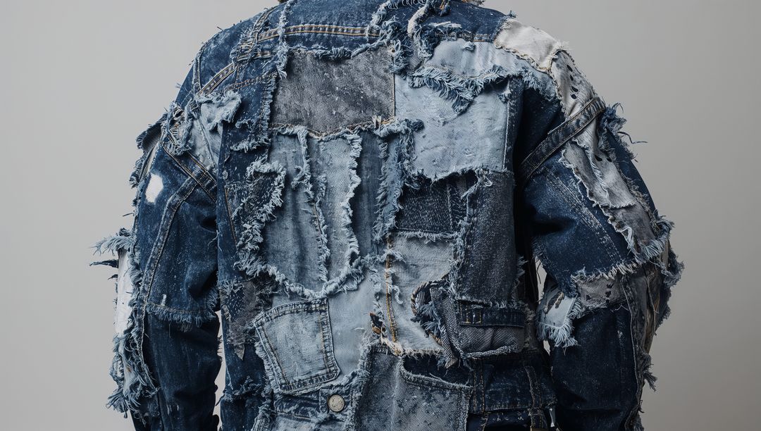 Frayed Patchwork Denim Jacket Backview Showing Distressed Paneled Texture Metal Button