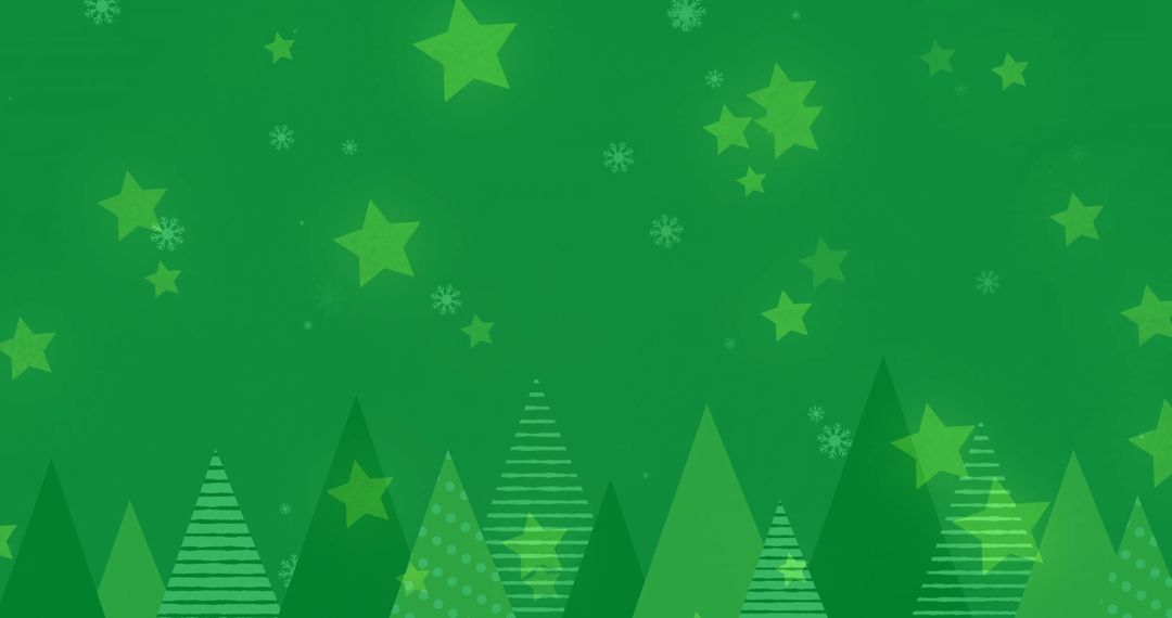 Stars and Snowfall Over Fir Trees on Green Background