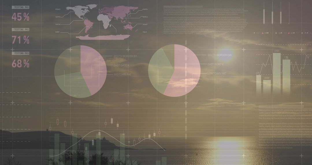 Digital Analytics Overlapping Serene Coastal Sunset for Tech Inspiration