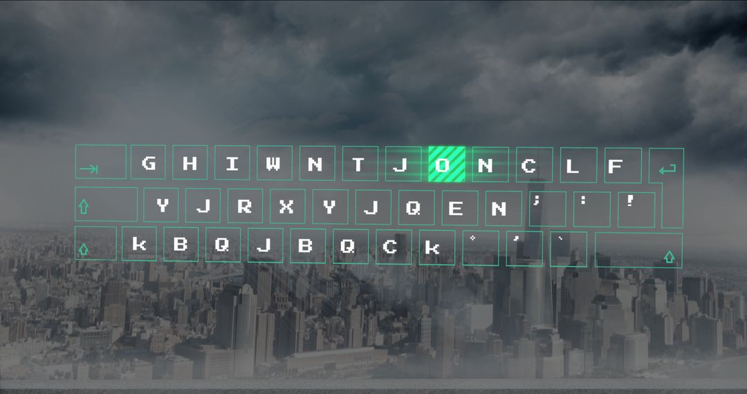 Futuristic Virtual Keyboard Over Cityscape with Neon Highlights