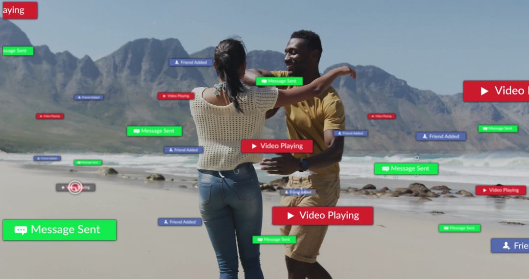 Couple Dancing at Beach Amidst Digital Notifications