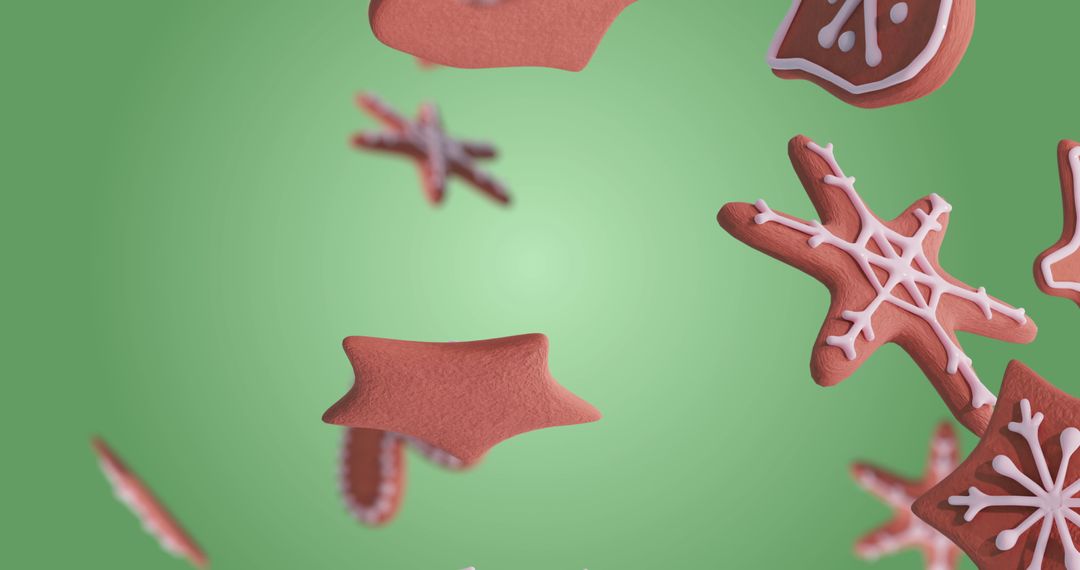 Festive Gingerbread Cookies Falling on Green Background