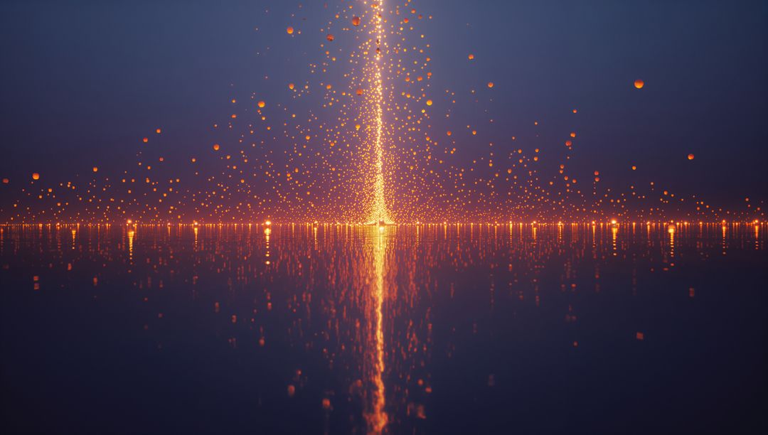 Ethereal Golden Beam Reflects on Tranquil Lake with Lantern Orbs