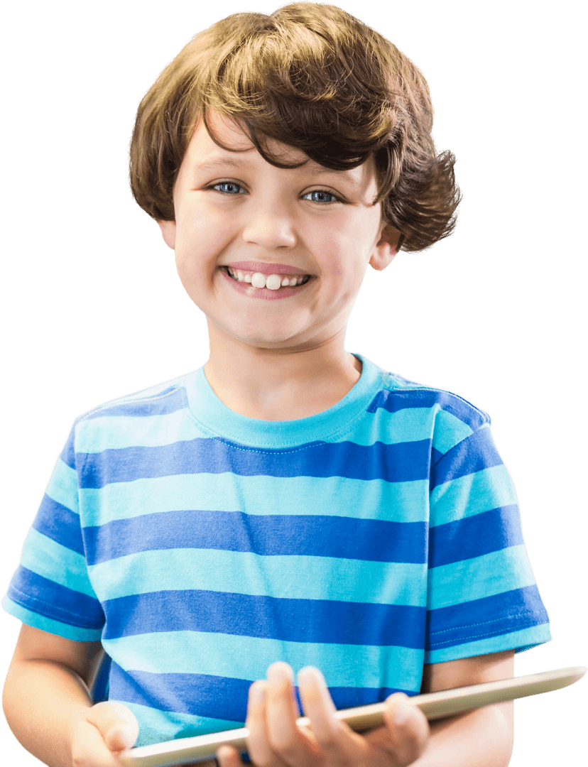 Smiling Caucasian Boy Holding Digital Tablet on Transparent Background