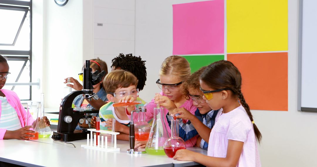 Curious Children Conducting Chemistry Experiment in Classroom