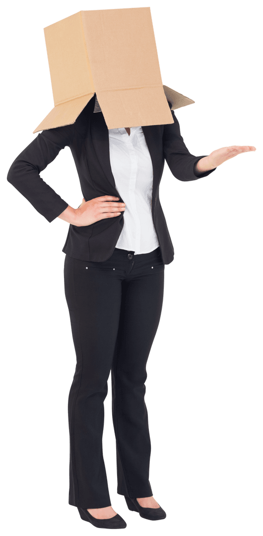 Businesswoman with Box on Head Holding Empty Hand Transparent Background