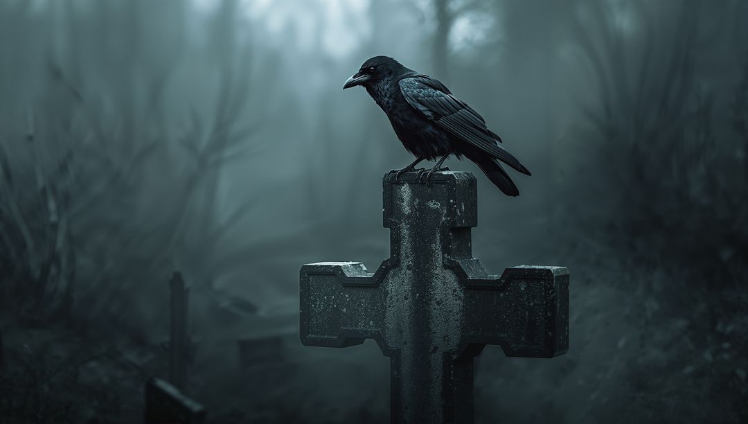 Black Crow Perching on Stone Cross in Foggy Graveyard