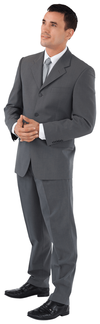 Transparent Businessman Gazing Upward with Curious Expression