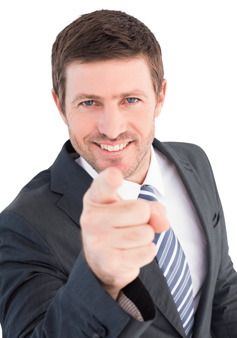 Smiling Businessman Pointing Forward with Confidence Transparent
