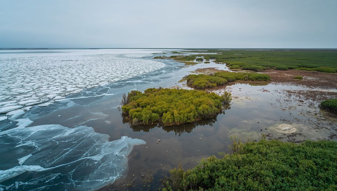 Aerial View Exploring Frozen Coastal Wetlands in Arctic Serenity